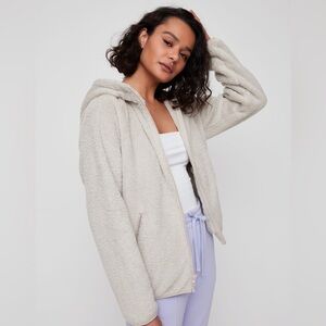 Aritzia TNA Sz S The Teddy Zip Up Hooded Cozy Cream Grey Sweater Jacket